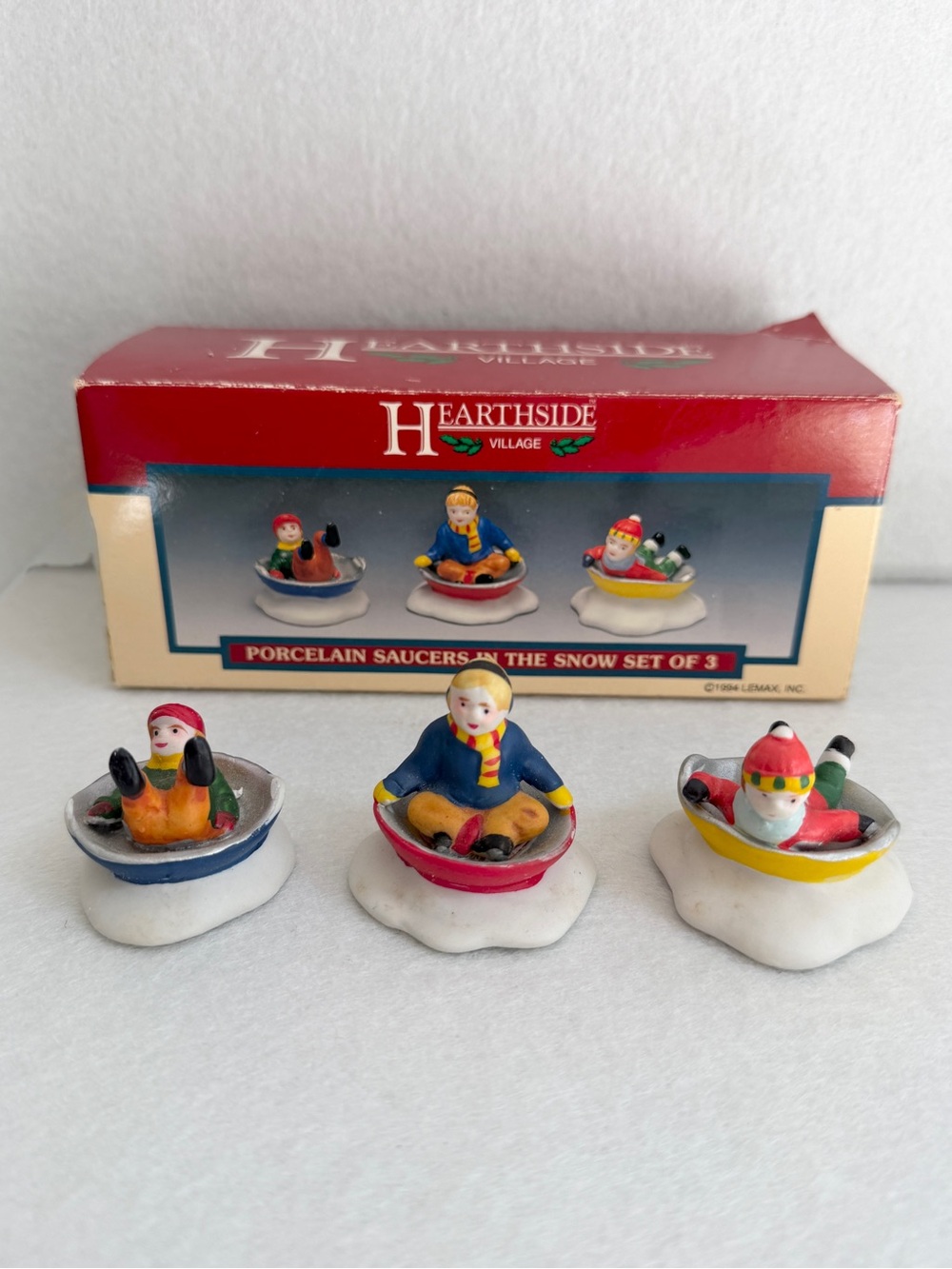 Lemax 1994 Hearthside Village Porcelain Saucers in the Snow sledding Set of 3